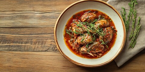 Hunter-style rabbit with herbs and tomato sauce, plated on a ceramic dish, wooden surface, top view, text space included.