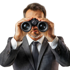Young businessman in a suit holding binoculars, isolated on a white background, representing a professional concept of vision, opportunity, and success in a corporate career