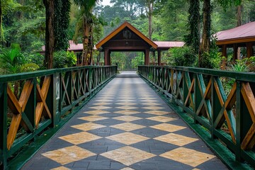 Obraz premium elegant paving stones pedestrian bridge covered with dark green and gold wooden shiny in lodge buildings 