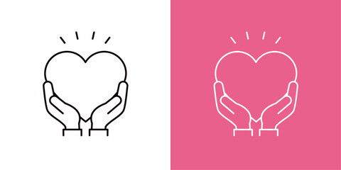 両手で下からハートを持つアイコン＿手とハートのマーク＿コピースペース＿細い線＿びっくり