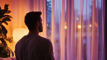 Man Closing Curtains in His Living Room at Dusk with Soft Warm Light and Elegant Drapery