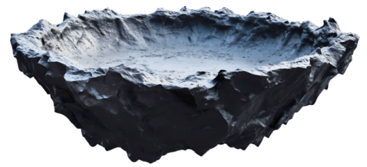 Cartoon illustration of a gray crater hole isolated on a transparent background, symbolizing a moon surface concept with shattering elements, perfect for space and astronomy designs