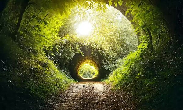 Light at the end of the tunnel: Halnaker tree tunnel in West Sussex, UK, bathed in sunlight, symbolizing hope during the Covid-19 pandemic.