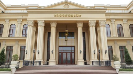 Fototapeta premium International court facade with grand architecture and flagpoles, symbolizing justice and global cooperation in resolving disputes.