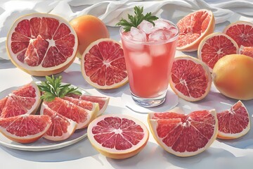 Fresh Grapefruit Slices and Refreshing Juice on Bright Surface