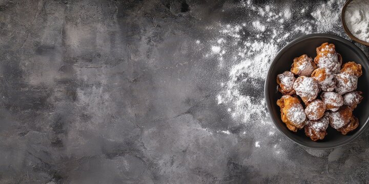 Fried frittelle di Carnevale pastries dusted with powdered sugar, plated on a sleek stone surface, top view, text.