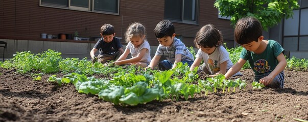 Happy children planting vegetables in a school garden