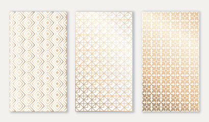 Geometric golden luxury posters set. Premium corporate booklets and flyers template. Deluxe brochure. Abstract creativity and art. Flat vector collection