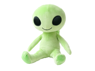 a green stuffed animal with black eyes