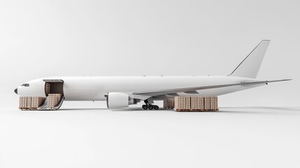 Fototapeta premium A cargo airplane with open doors revealing pallets, set on a smooth white background, high detail, and functional design 