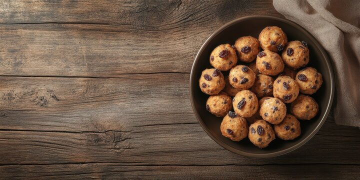 Fried frittole dough balls with raisins and sugar, plated on a rustic wooden surface, top view, text area reserved.
