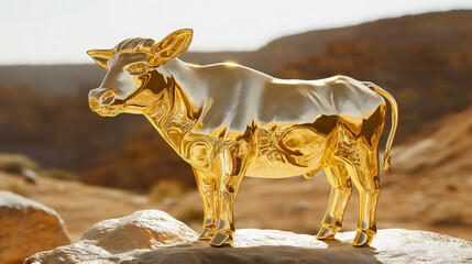 Golden calf statue illustration, symbolizing idolatry and worship, featuring a biblical concept from the Old Testament, perfect for religious and historic storytelling