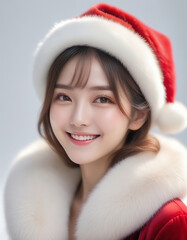 Portrait of a beautiful young woman wearing a Santa Claus hat and a fur coat. White background. Christmas image. Card design.サンタクロースの帽子をかぶってファーコートを着た美しい若い女性のポートレート。白背景。クリスマスのイメージ。カードデザイン。