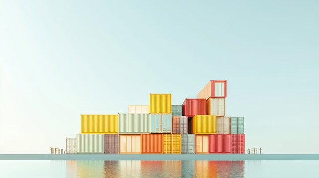 A cargo ship with colorful stacked containers, positioned on a clean white backdrop, functional and industrial aesthetic