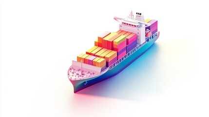 Fototapeta premium A cargo ship with containers in gradient colors, positioned on a pure white surface, clean lines, and minimalistic composition