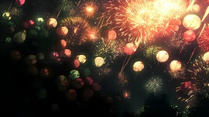Fototapeta premium Magical fireworks display with colorful bokeh circles, perfect for celebration, festival, or holiday backgrounds.