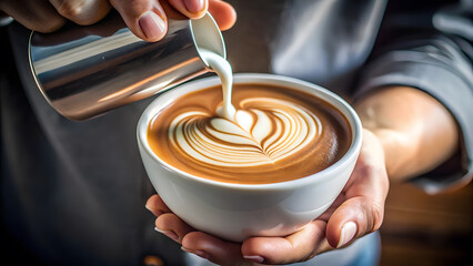 Hand Pouring Milk into Latte with Artistic Foam Design. Perfect for: Coffee shop promotions, breakfast-themed events