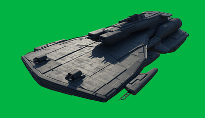 Space Ship with Multiple Gun Turrets on a Green Screen Background, Diagonal Front View, 3d digitally rendered science fiction illustration