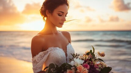A radiant bride in an off-the-shoulder wedding dress, sunset beach ceremony setting 