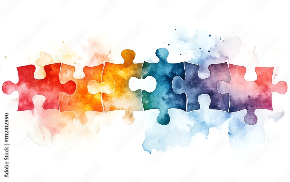 Poster abstract design of interlocking puzzle pieces with a watercolor texture