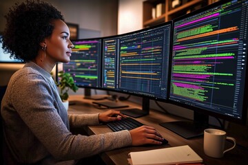 Computer programmer afro american young woman writing code on multiple monitors at night