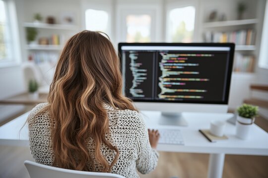 Computer programmer writing code on computer in home office