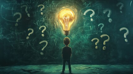 Boy gazing at glowing lightbulb amidst question marks and equations on blackboard, symbolizing curiosity and problem-solving.