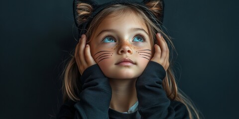 Dreamy girl in a black cat costume with artistic whiskers and imaginative pose