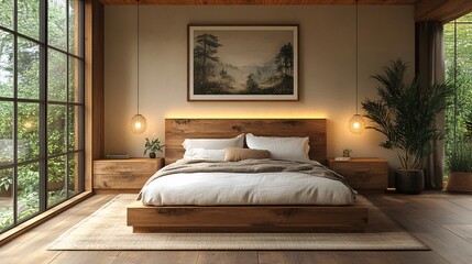 Scandinavian Bedroom with Walnut Accents and Natural Light
