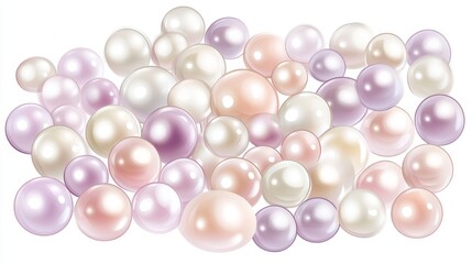 A collection of pearls in white, pink, and lavender shades, arranged in a gradient pattern on a white background, luminous and high detail