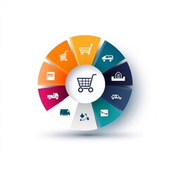 A colorful pie chart composition, segmented transport modes with matching icons, central cart emblem, clean vector style, isolated on white background. 