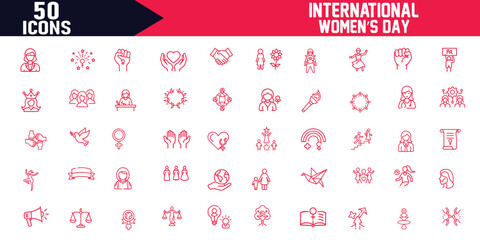 Editable stroke outline icons celebrating International Women’s Day. Themes include women empowerment, leadership, gender equality, girl power, and diverse women in vector illustration