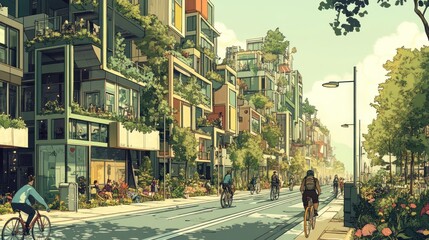 Lush green urban street with cyclists and pedestrians enjoying a sunny day.