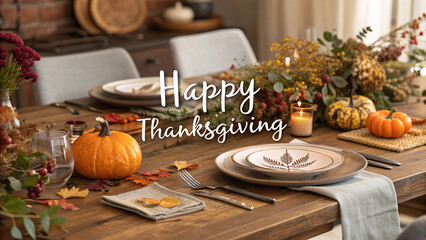 Naklejka premium Elegant Thanksgiving Table Setting with Autumn Decor and Pumpkins