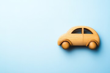 Wooden toy car on blue background with ample space