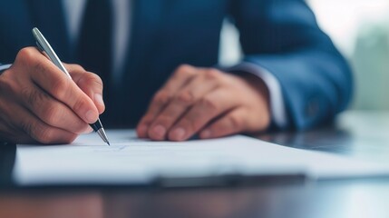 Anti-tracking boosts security. Businessman signing document at desk