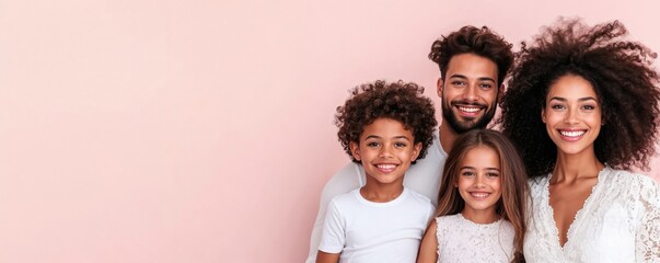Diverse happy family portrait with mixed race parents and multiracial children against pink background. Modern blended family showing authentic joy and connection. 8k banner