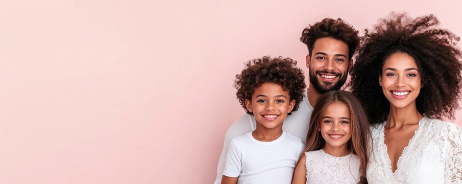Diverse happy family portrait with mixed race parents and multiracial children against pink background. Modern blended family showing authentic joy and connection. 8k banner