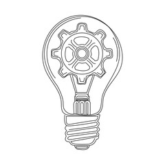 Lightbulb with gear wheels in One single Line drawing for logo, emblem, web banner, presentation. Simple creative innovation concept. Vector illustration