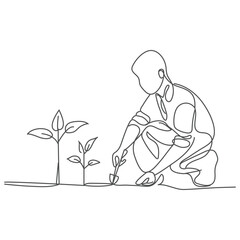 Continuous single one line art drawing of man people planting and farming seed plan tree vector illustration, Continuous single one line art drawing of man