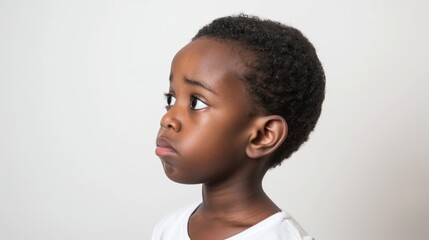 Obraz premium A young black boy with short curly hair wearing a white shirt looking to his left against a plain white background.