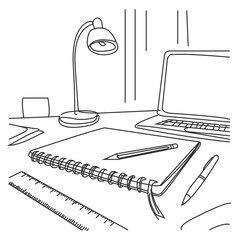 Workplace in continuous one line art style. Office desk with monitor and a chair. Simple vector illustration.
