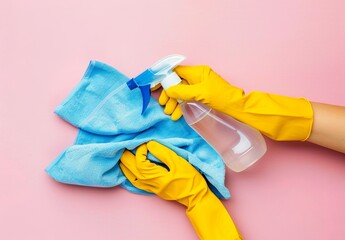 Cleaning hands using gloves, cloth, and spray bottle on pink background