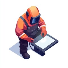 Welder working on metal sheet.