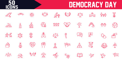 International Day of Peace and Democracy Icons, Editable Stroke Outline, Silhouette of People at Political Rally, Celebrate Democracy Day, Vector Illustration Design