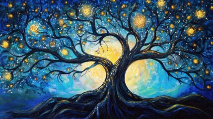 Mystical night tree with glowing lights and full moon.