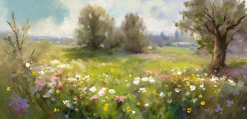 Meadow with flowers, landscape in the morning, oil paintings landscape, fine art