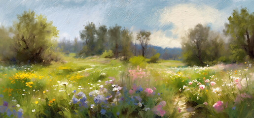 Meadow with flowers, landscape in the morning, oil paintings landscape, fine art