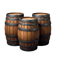 three vintage large wooden barrels on a transparent background. wooden barrels with iron rims in PNG format