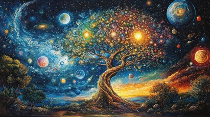 Cosmic Tree of Life, vibrant universe, galaxies, planets, stars, swirling nebulae, colorful, fantasy art.